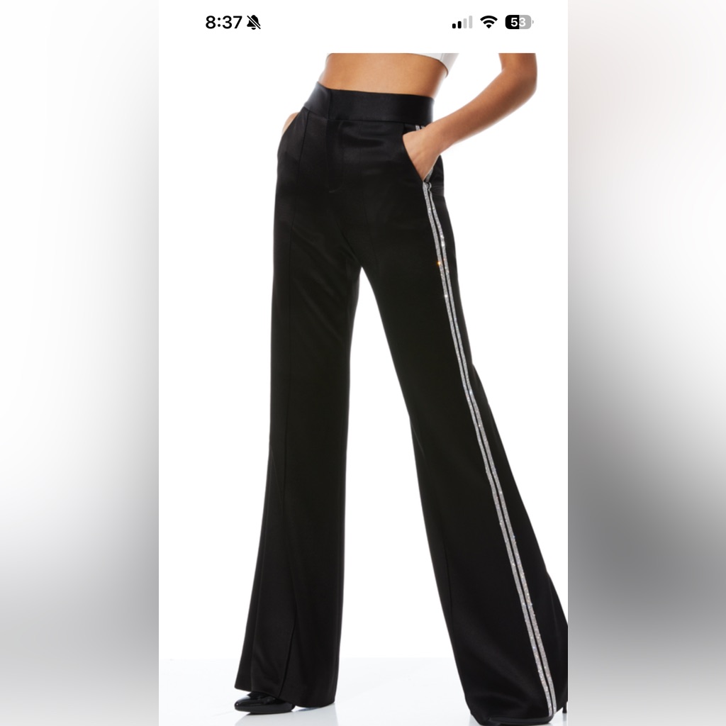 Alice + Olivia Black Straight-Leg Pants With Silver Rhinestone Trim. Nwt